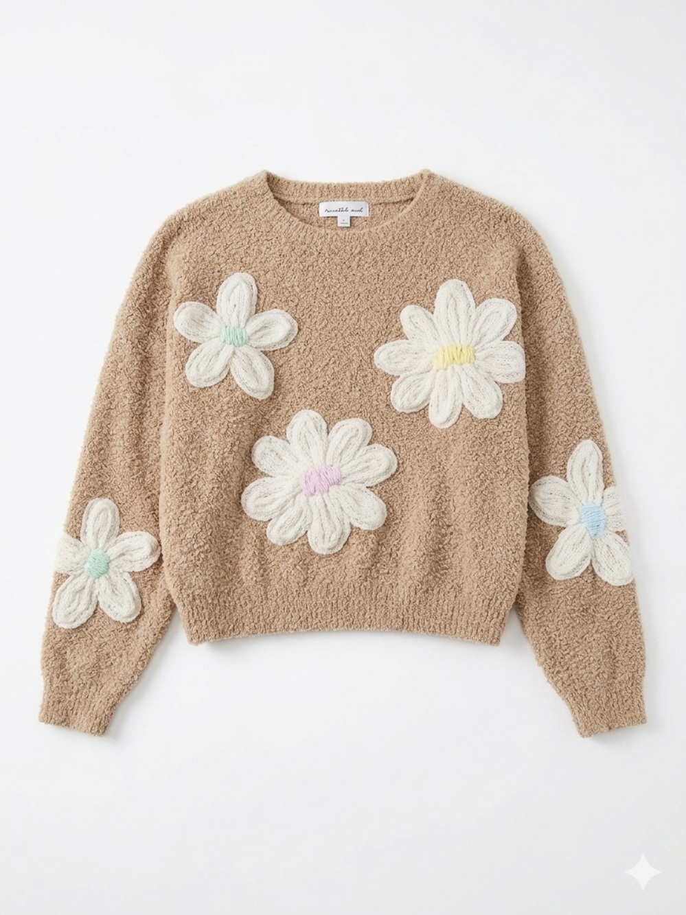 Boho Threaded Leaf 3D Chenille Flower Patch FuzzyKnit Pullover Sweater Oversized